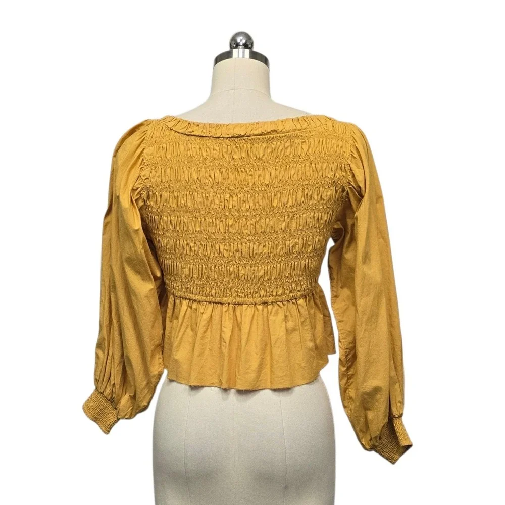 Free People Mustard Yellow Smocked Peplum Balloon Sleeve Top Size XS